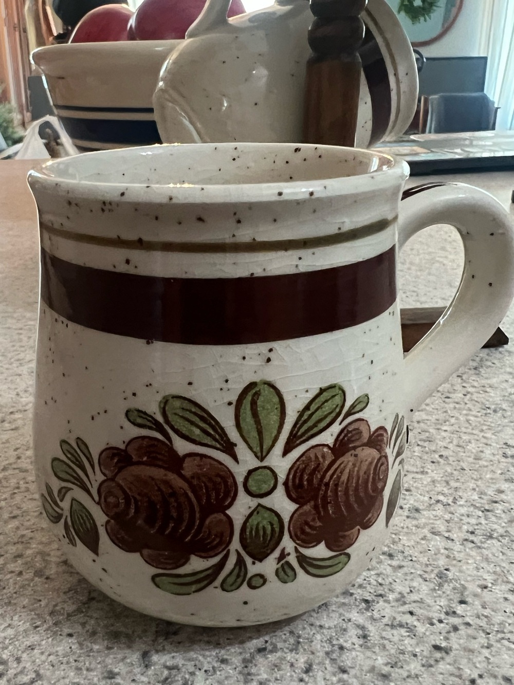 4- 1970’s Speckled Ceramic Brown Floral  set
Of 4 mugs - Home Dining